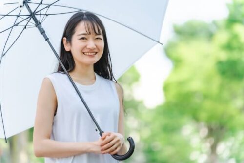 白い日傘をさして笑顔の女性の画像