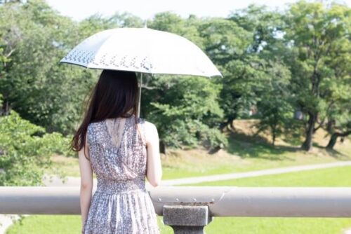 白い日傘をさしている後ろ姿の女性の画像