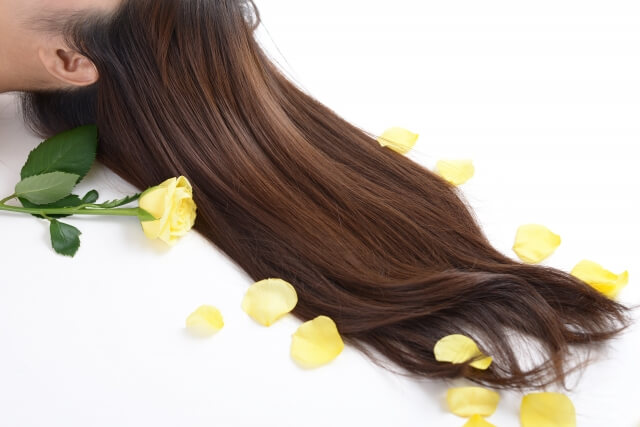 長い女性の髪と黄色いバラの画像