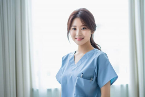 青いスクラブを着た看護師の画像