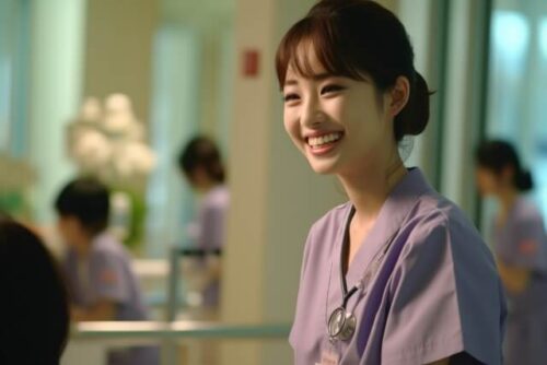 紫のスクラブを着た笑っている看護師の画像